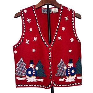 Vtg Snowman Red Christmas Ugly Grandma Sweater Vest‎ Wool Blend Winter Holiday